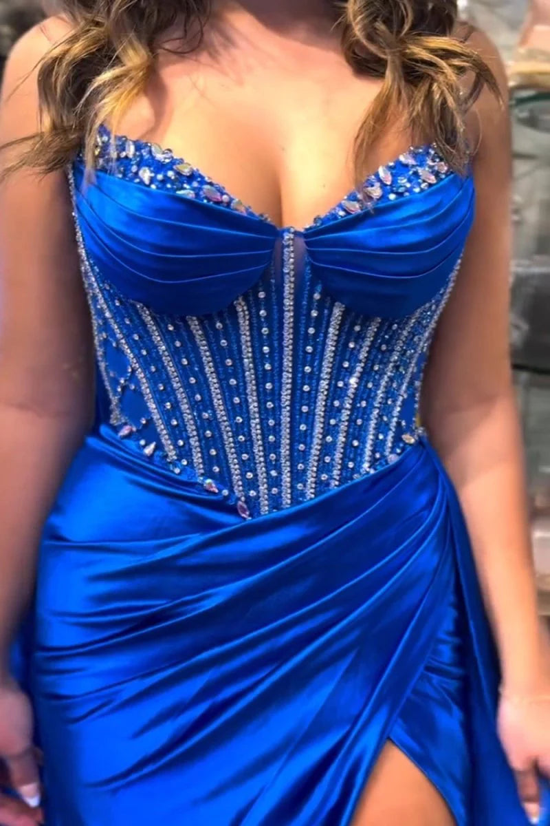 Mermaid Spaghetti Straps Corset Beaded Satin Royal Blue Long Evening Dress