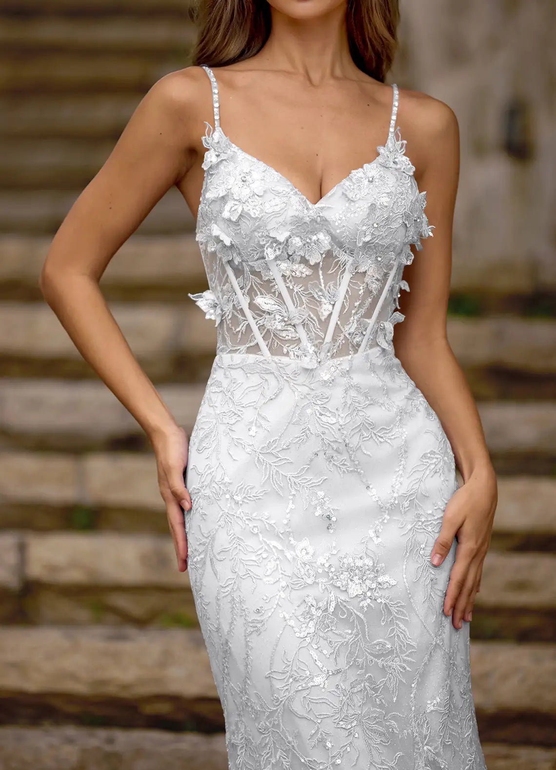 Mermaid Spaghetti Straps Corset Sequins Lace Tulle White Prom Dress