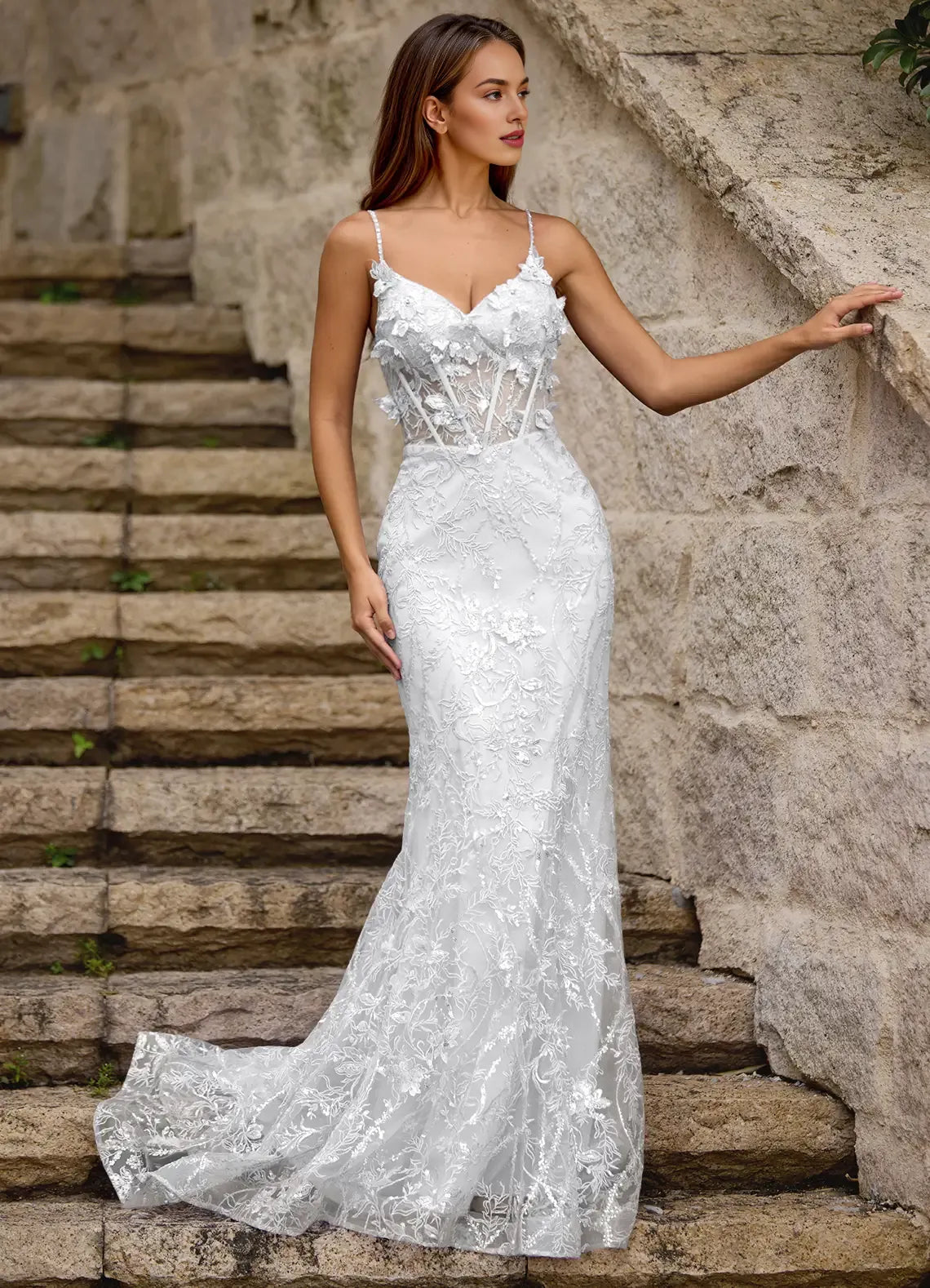 Mermaid Spaghetti Straps Corset Sequins Lace Tulle White Prom Dress