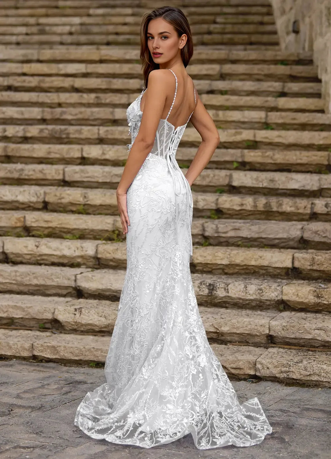 Mermaid Spaghetti Straps Corset Sequins Lace Tulle White Prom Dress