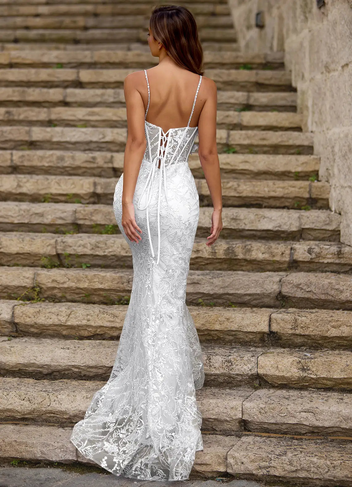Mermaid Spaghetti Straps Corset Sequins Lace Tulle White Prom Dress
