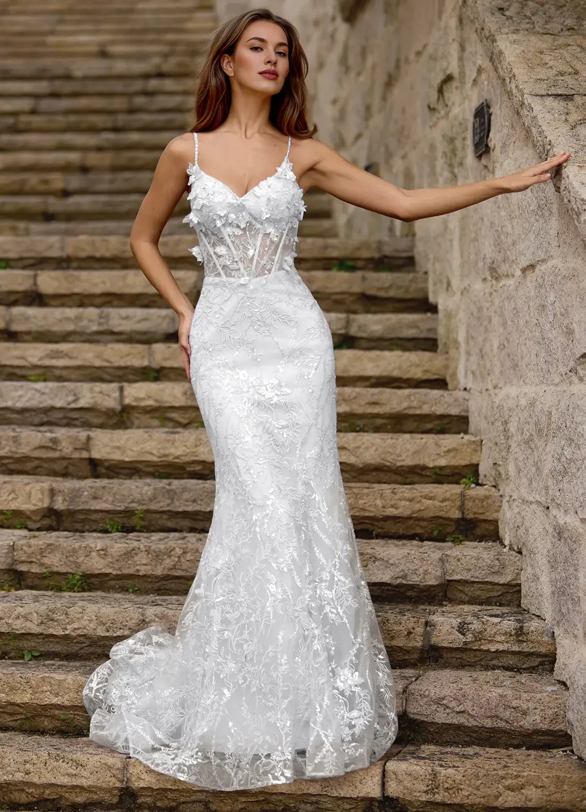 Mermaid Spaghetti Straps Corset Sequins Lace Tulle White Prom Dress