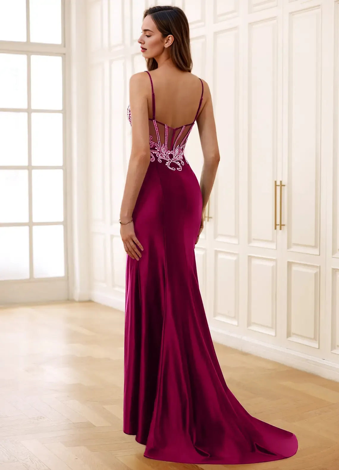 Mermaid Spaghetti Straps Corset Rhinestone Sheer Satin Burgundy Prom Dress