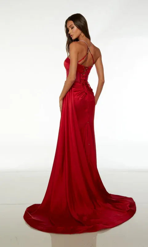 Mermaid Spaghetti Straps Corset Ruched Lace Up Satin Red Train Prom Dress With Slit
