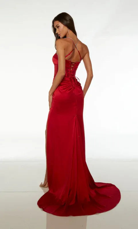 Mermaid Spaghetti Straps Corset Ruched Lace Up Satin Red Train Prom Dress With Slit