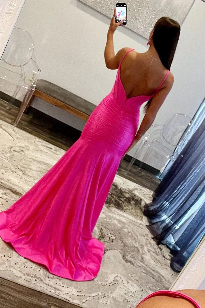Mermaid Spaghetti Straps Corset Satin Hot Pink Evening Dress With Slit