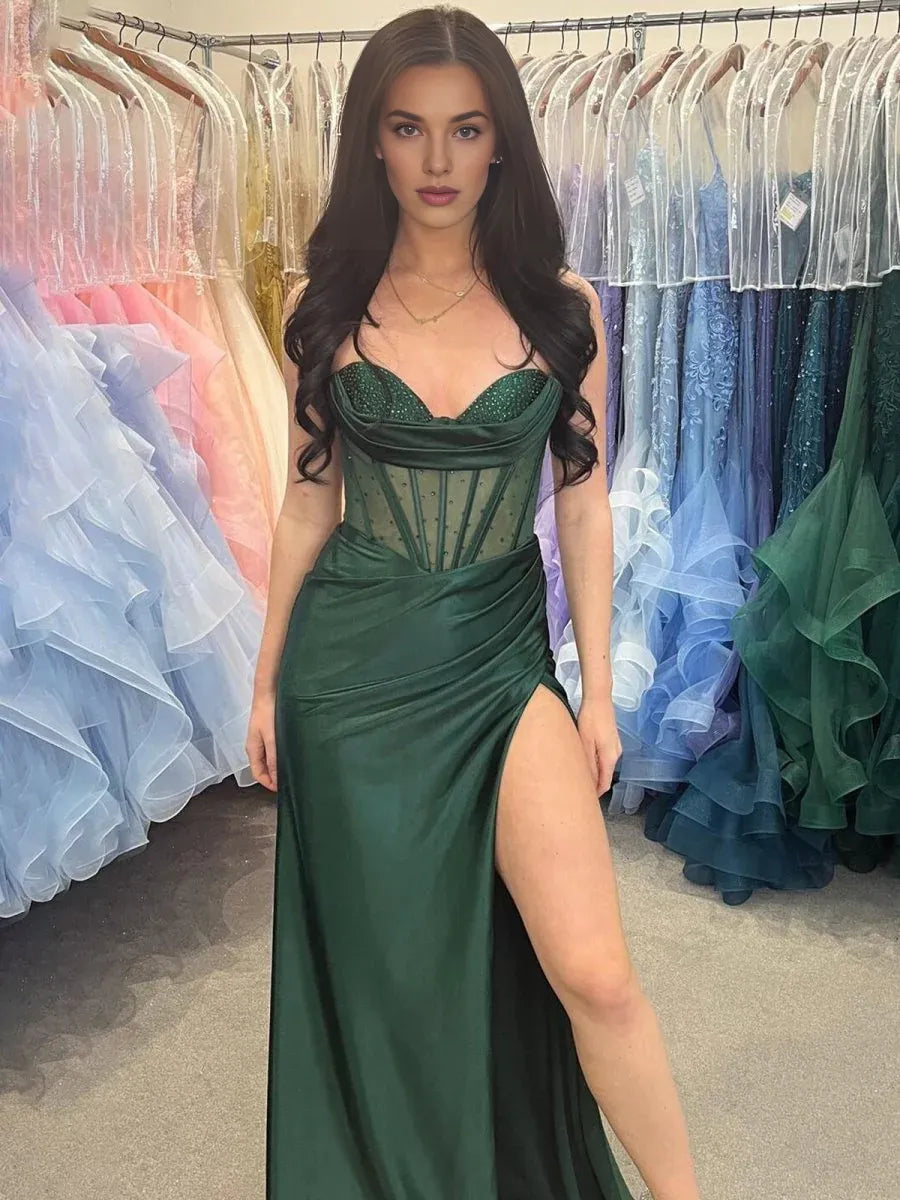 Mermaid Spaghetti Straps Corset Sheer Beaded Dark Green Long Evening Dress
