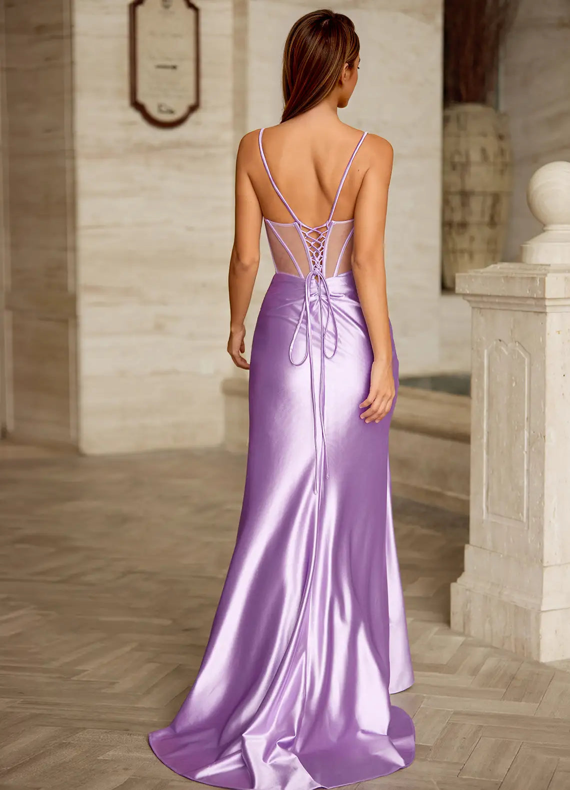 Mermaid Spaghetti Straps Corset Sheer Satin Lilac Prom Dress With Slit