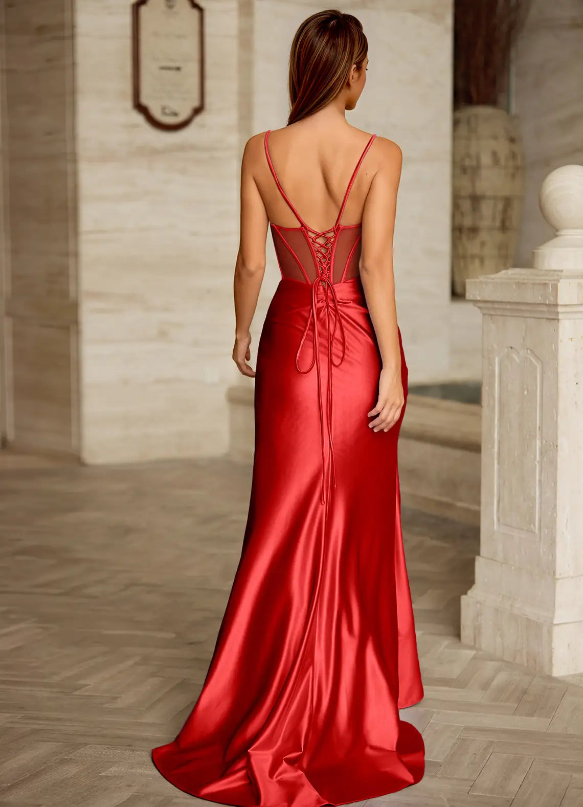 Mermaid Spaghetti Straps Corset Sheer Satin Red Prom Dress With Slit