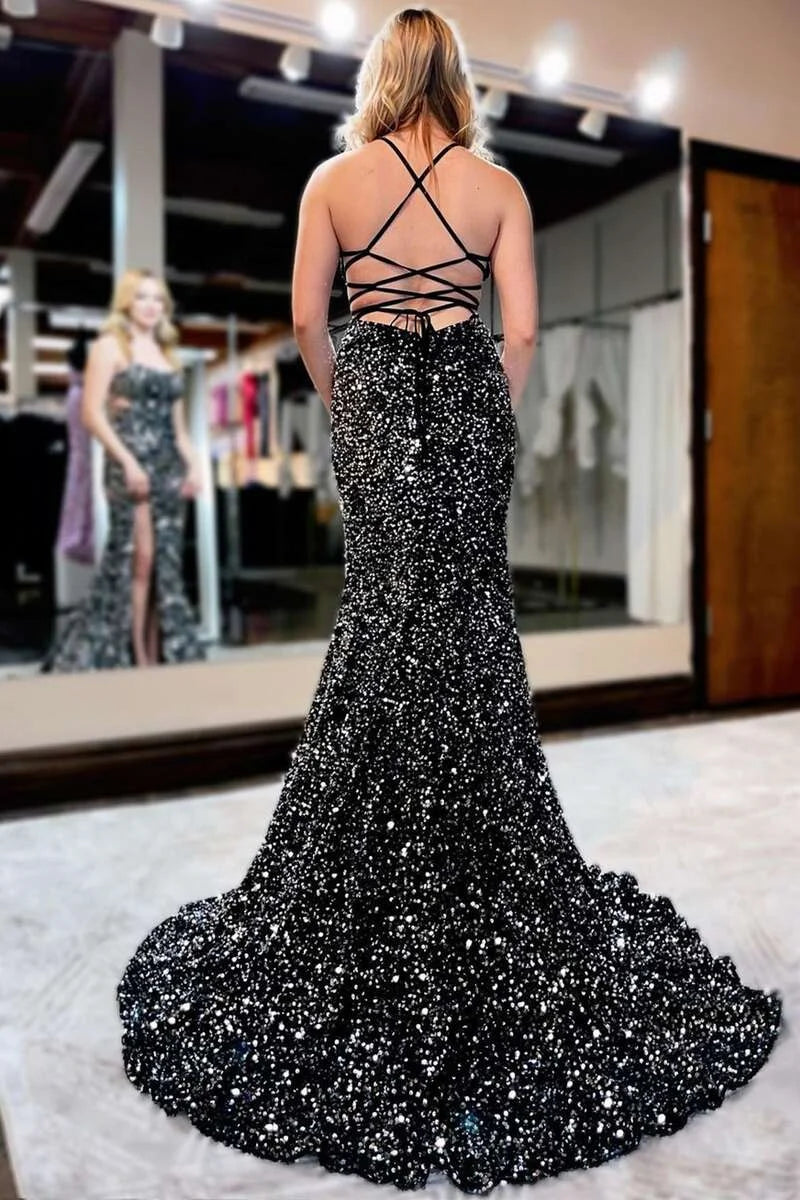 Mermaid Spaghetti Straps Cutout Waist Slit Sequin Black Long Evening Dress