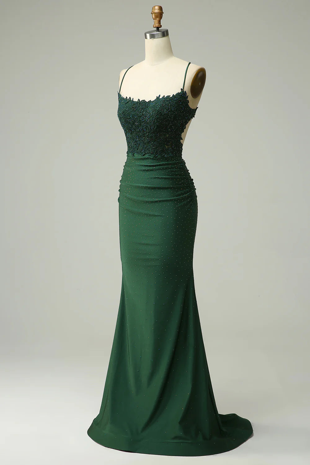Mermaid Spaghetti Straps Dark Green Long Prom Dress with Appliques Beading