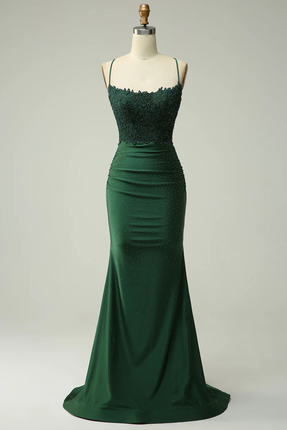 Mermaid Spaghetti Straps Dark Green Long Prom Dress with Appliques Beading