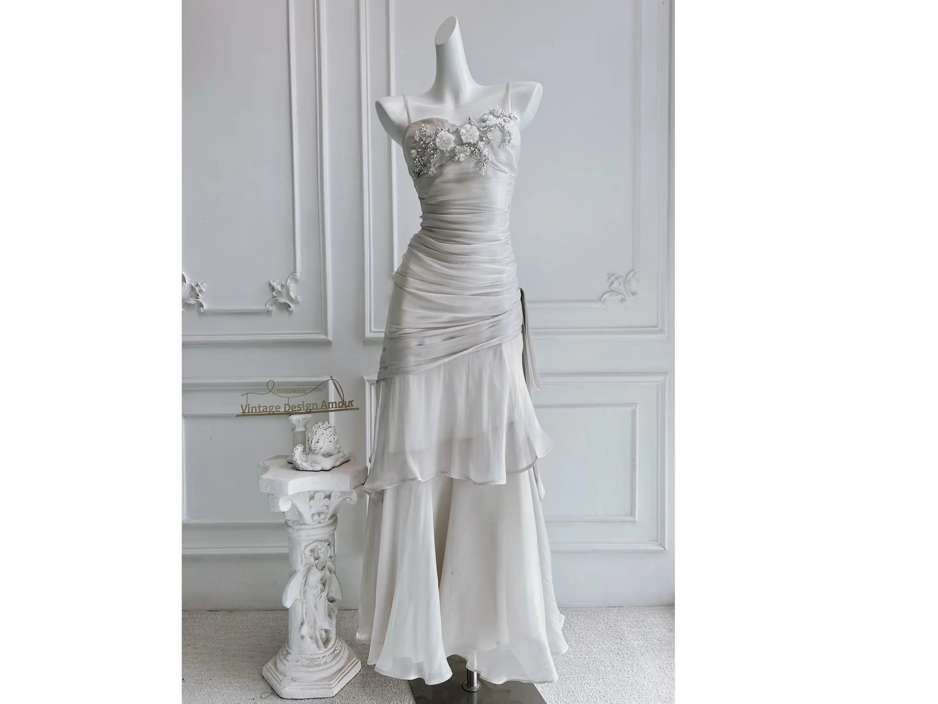 Mermaid Spaghetti Straps Floral Applique Ruched Ruffle Pale Grey Long Prom Dress