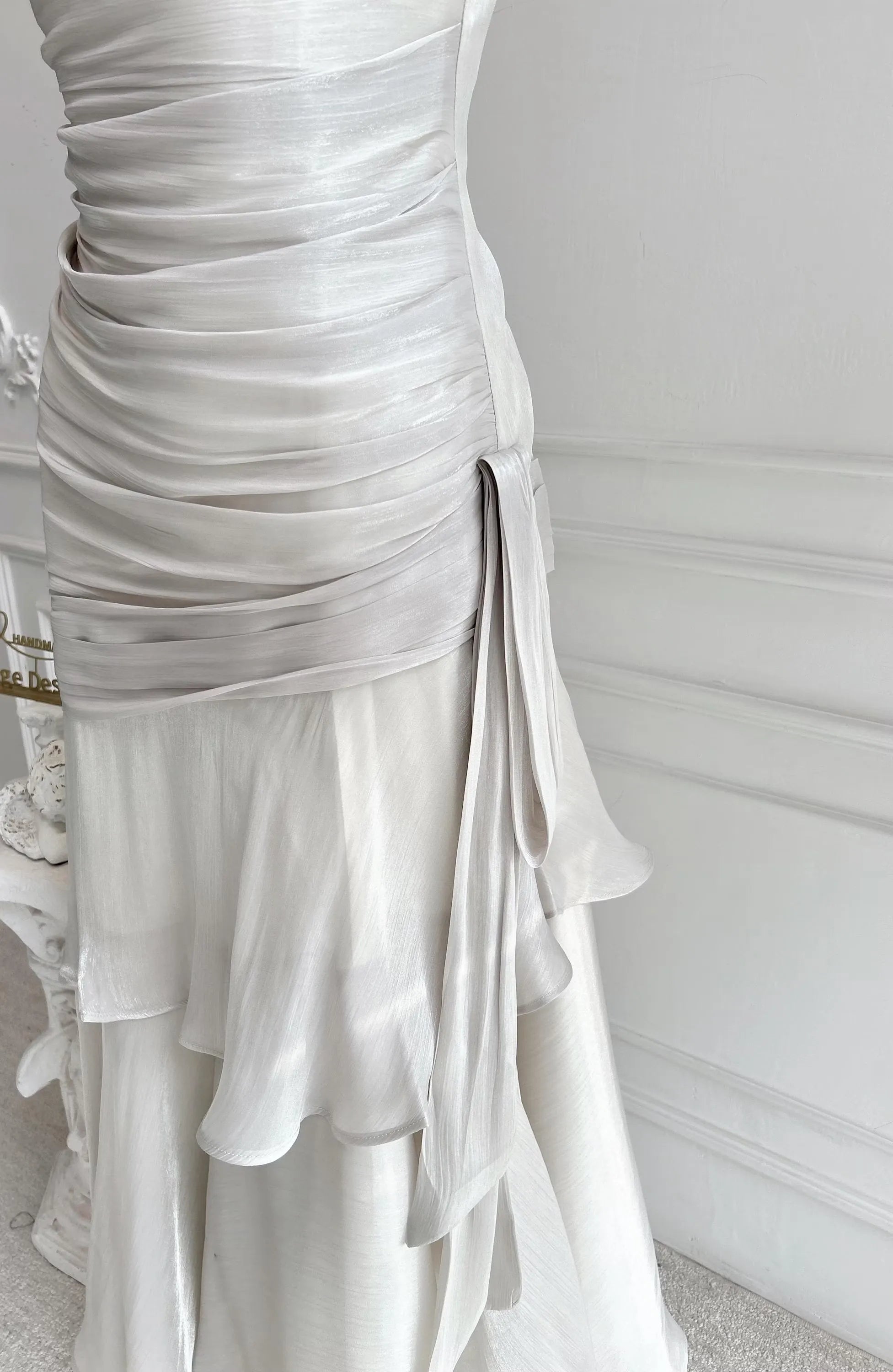 Mermaid Spaghetti Straps Floral Applique Ruched Ruffle Pale Grey Long Prom Dress
