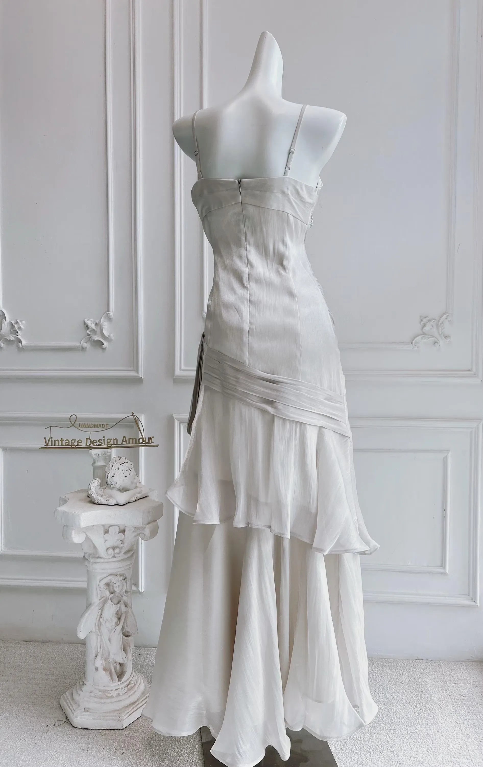 Mermaid Spaghetti Straps Floral Applique Ruched Ruffle Pale Grey Long Prom Dress