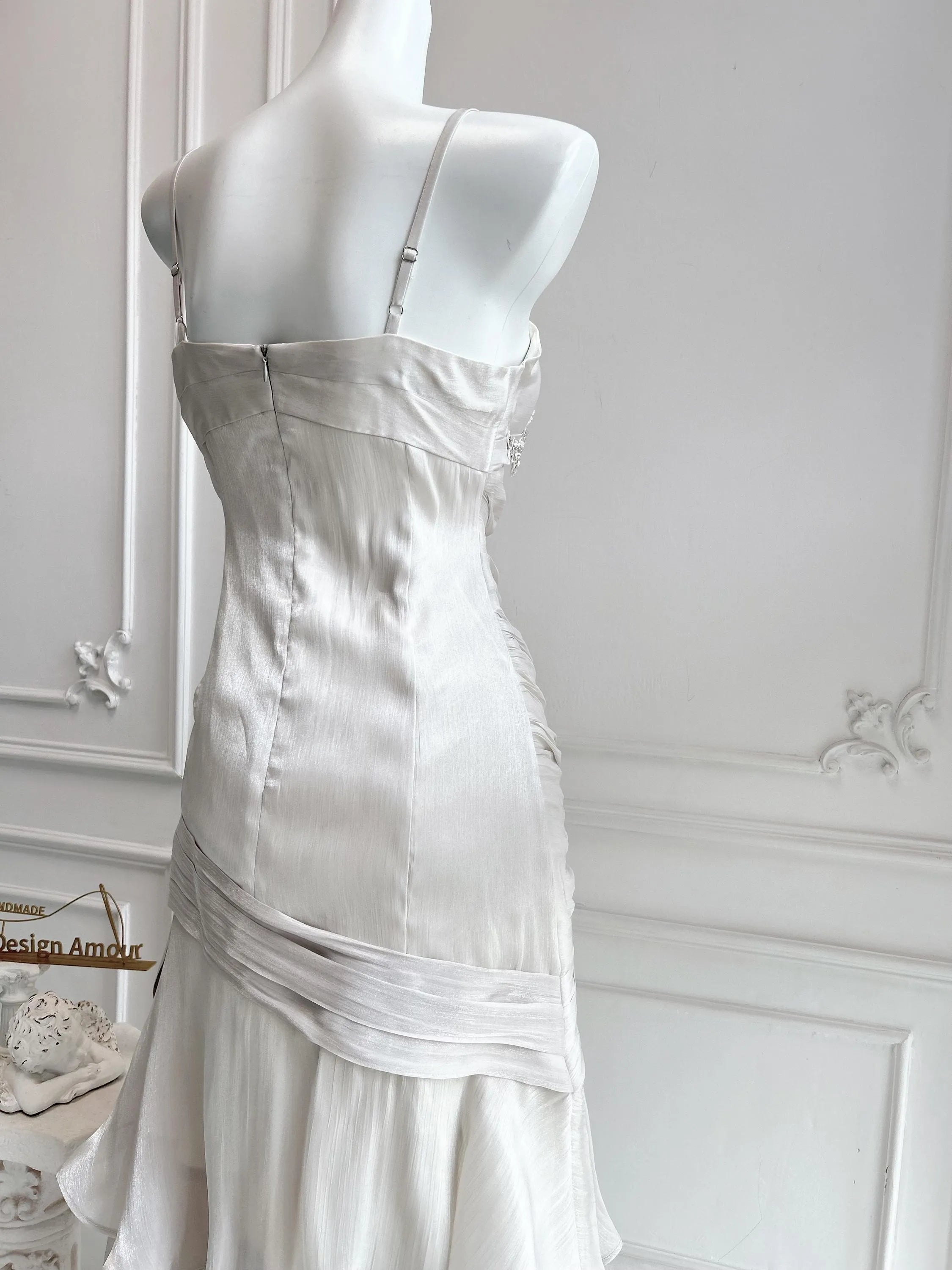 Mermaid Spaghetti Straps Floral Applique Ruched Ruffle Pale Grey Long Prom Dress