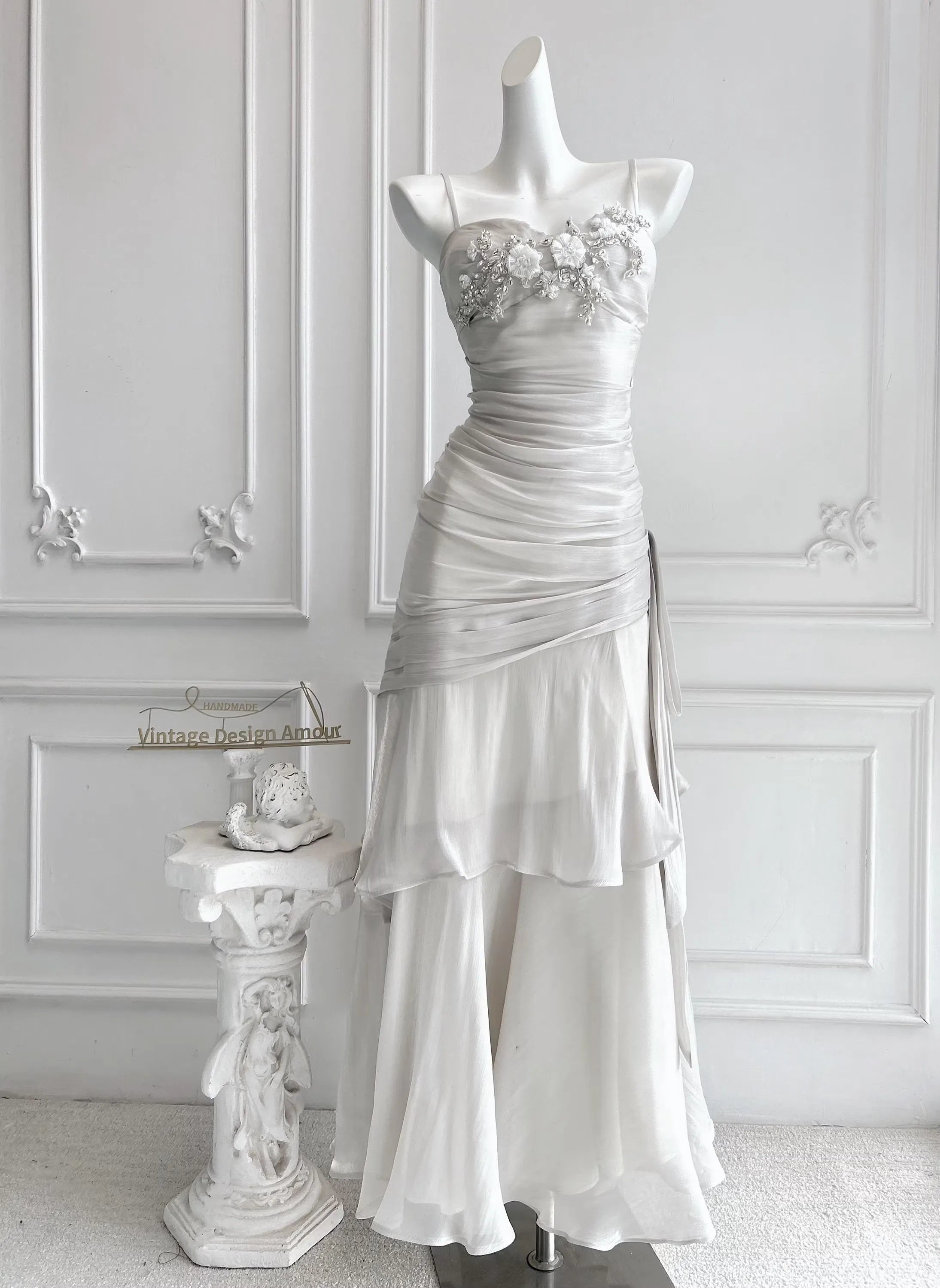 Mermaid Spaghetti Straps Floral Applique Ruched Ruffle Pale Grey Long Prom Dress