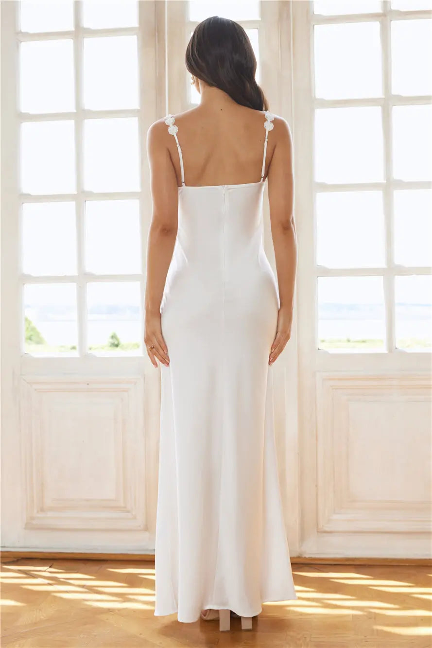Mermaid Spaghetti Straps Floral Appliques Cutout Satin White Maxi Evening Dress