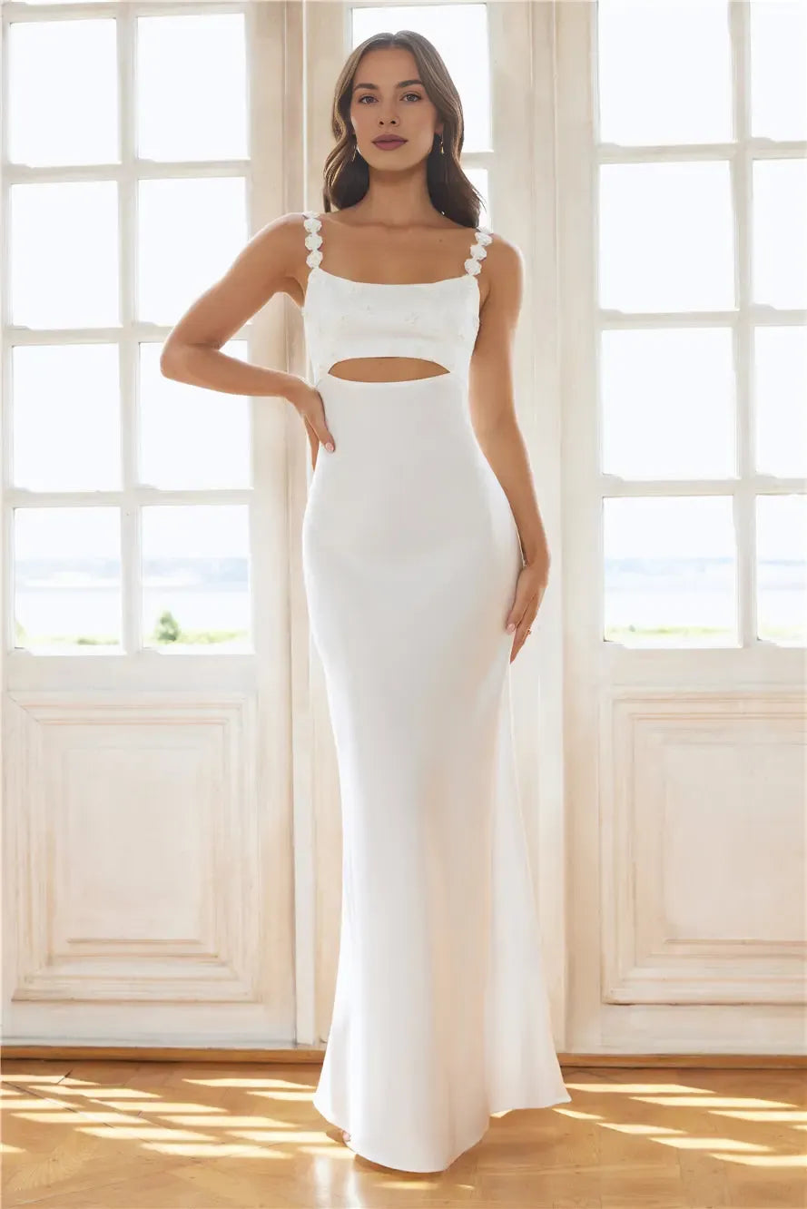 Mermaid Spaghetti Straps Floral Appliques Cutout Satin White Maxi Evening Dress