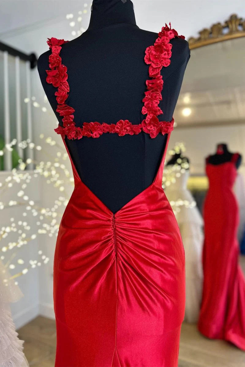 Mermaid Spaghetti Straps Floral Slit Satin Black Long Evening Dress