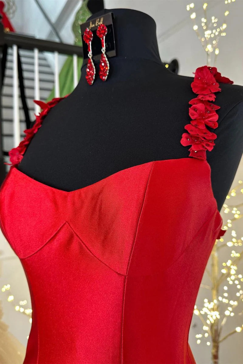 Mermaid Spaghetti Straps Floral Slit Satin Black Long Evening Dress