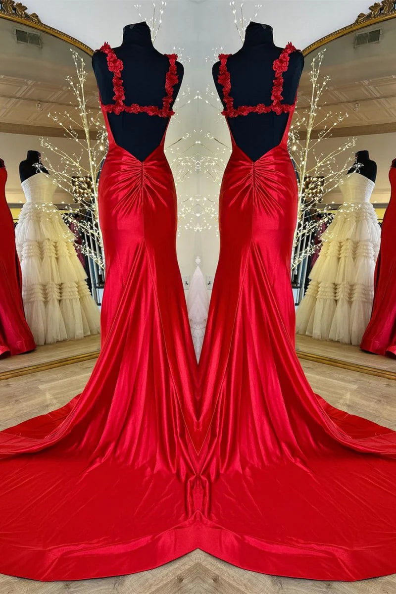 Mermaid Spaghetti Straps Floral Slit Satin Black Long Evening Dress
