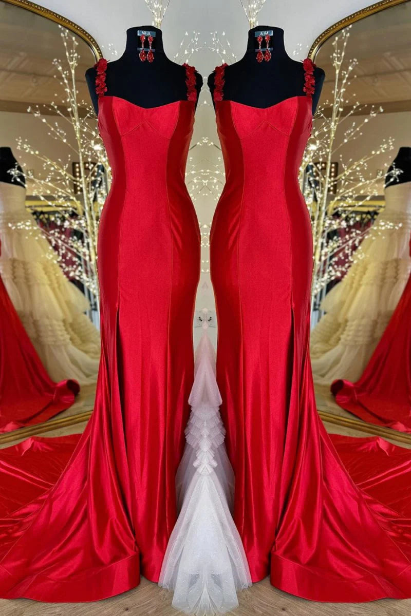 Mermaid Spaghetti Straps Floral Slit Satin Black Long Evening Dress