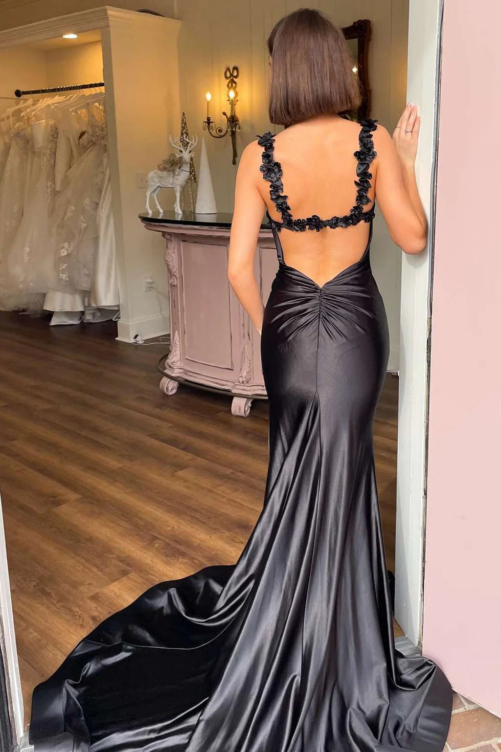 Mermaid Spaghetti Straps Floral Slit Satin Black Long Evening Dress