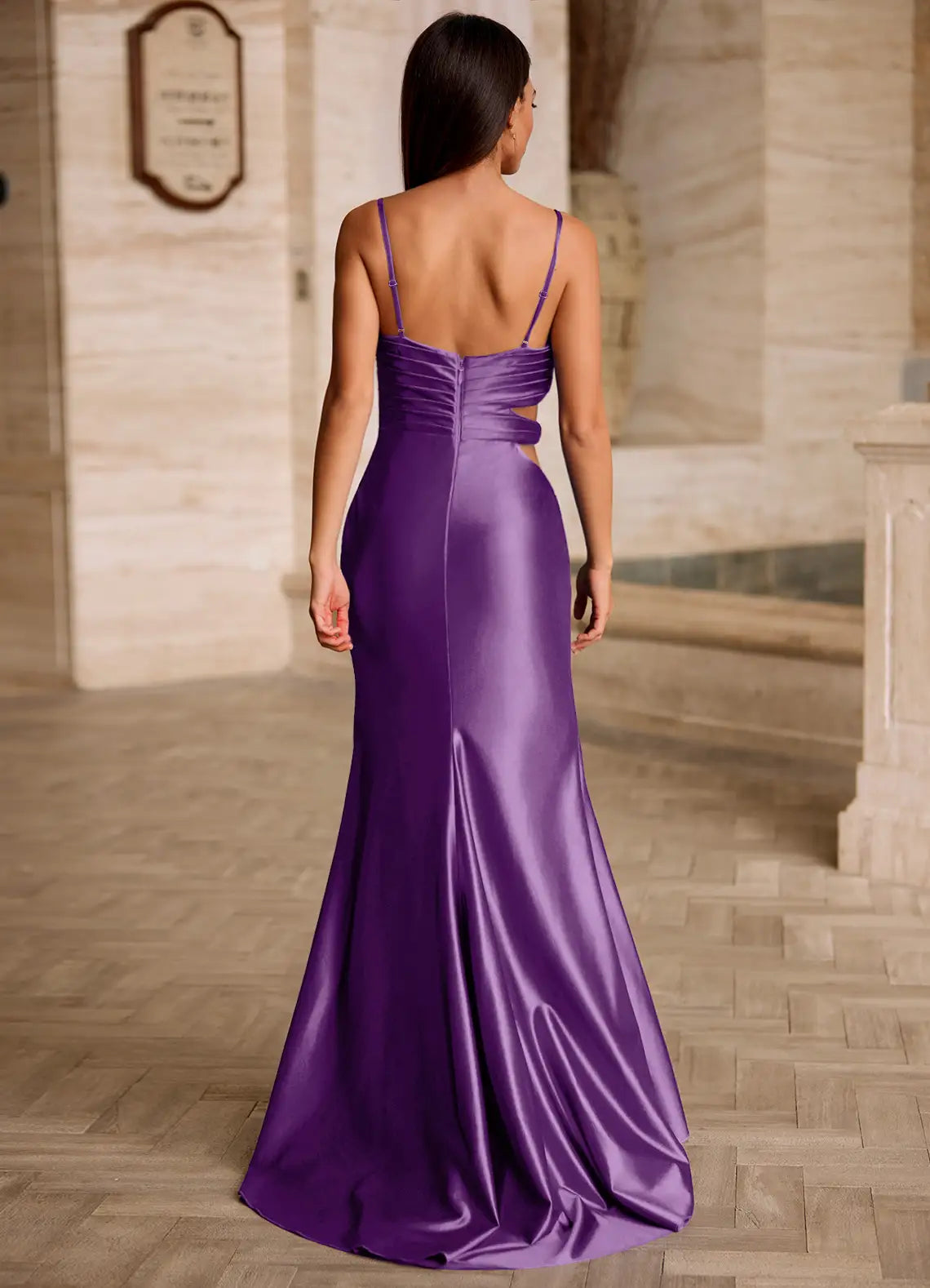 Mermaid Spaghetti Straps Keyhole Cutout Satin Grape Prom Dress With Slit