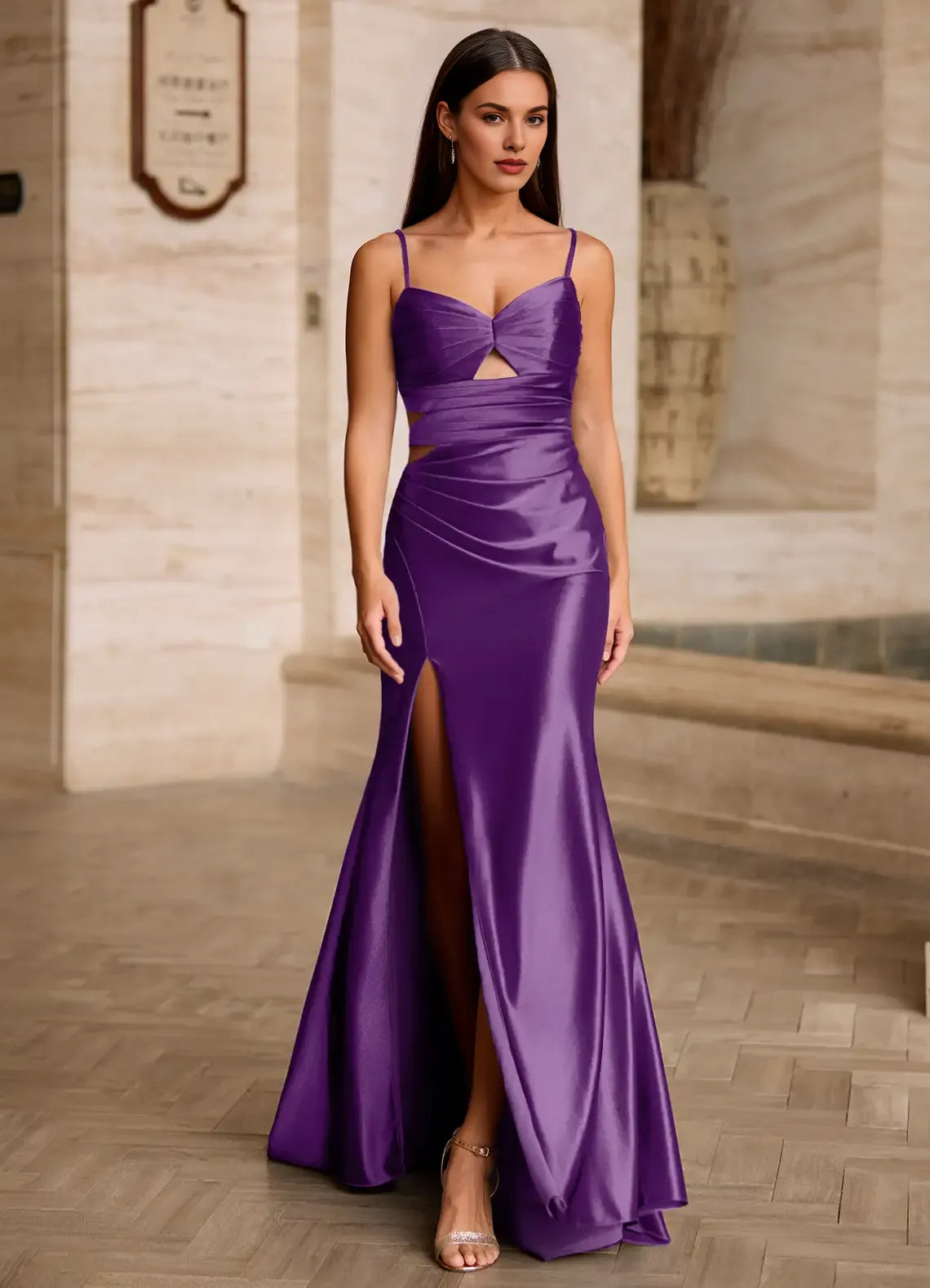 Mermaid Spaghetti Straps Keyhole Cutout Satin Grape Prom Dress With Slit