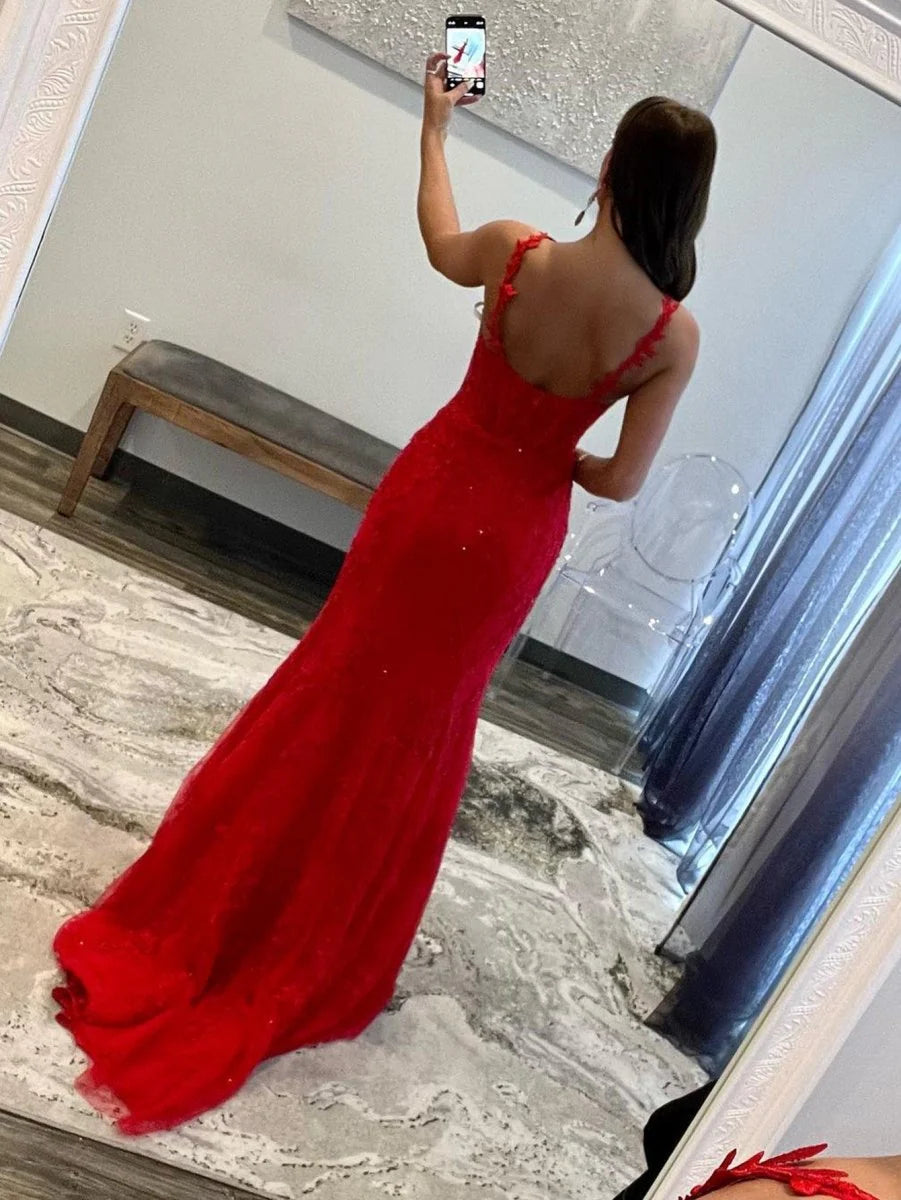 Mermaid Spaghetti Straps Lace Appliques Tulle Red Long Prom Dress