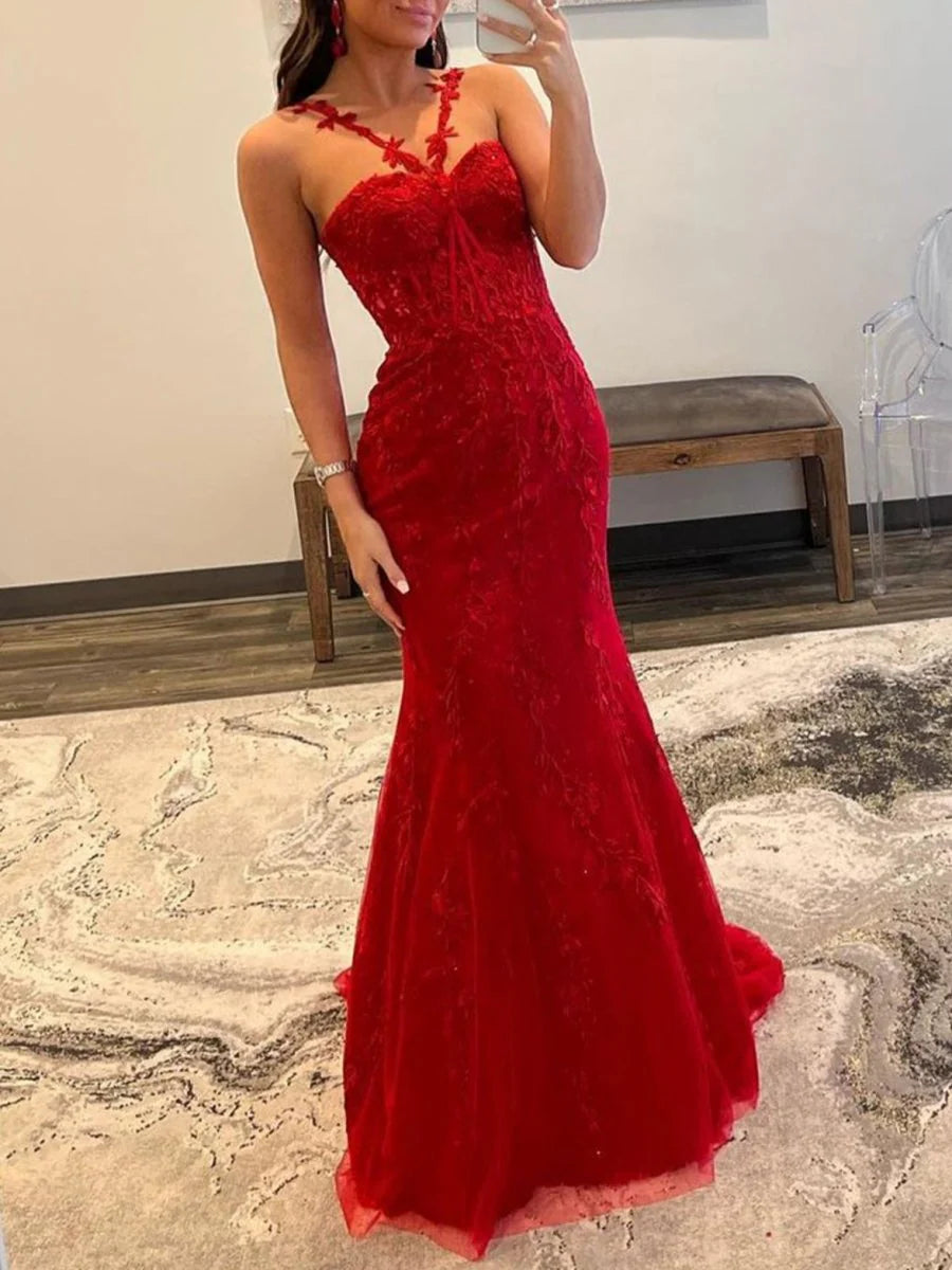 Mermaid Spaghetti Straps Lace Appliques Tulle Red Long Prom Dress