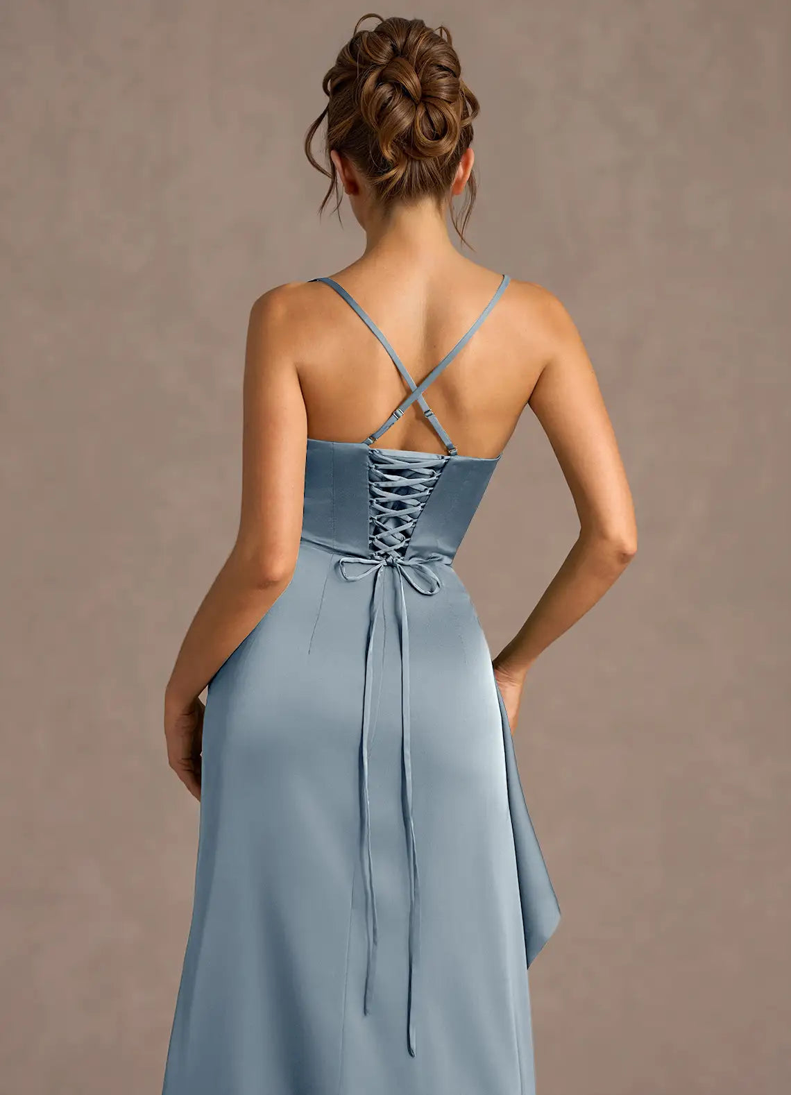 Mermaid Spaghetti Straps Pleated Powder Satin Blue Maxi Evening Dress
