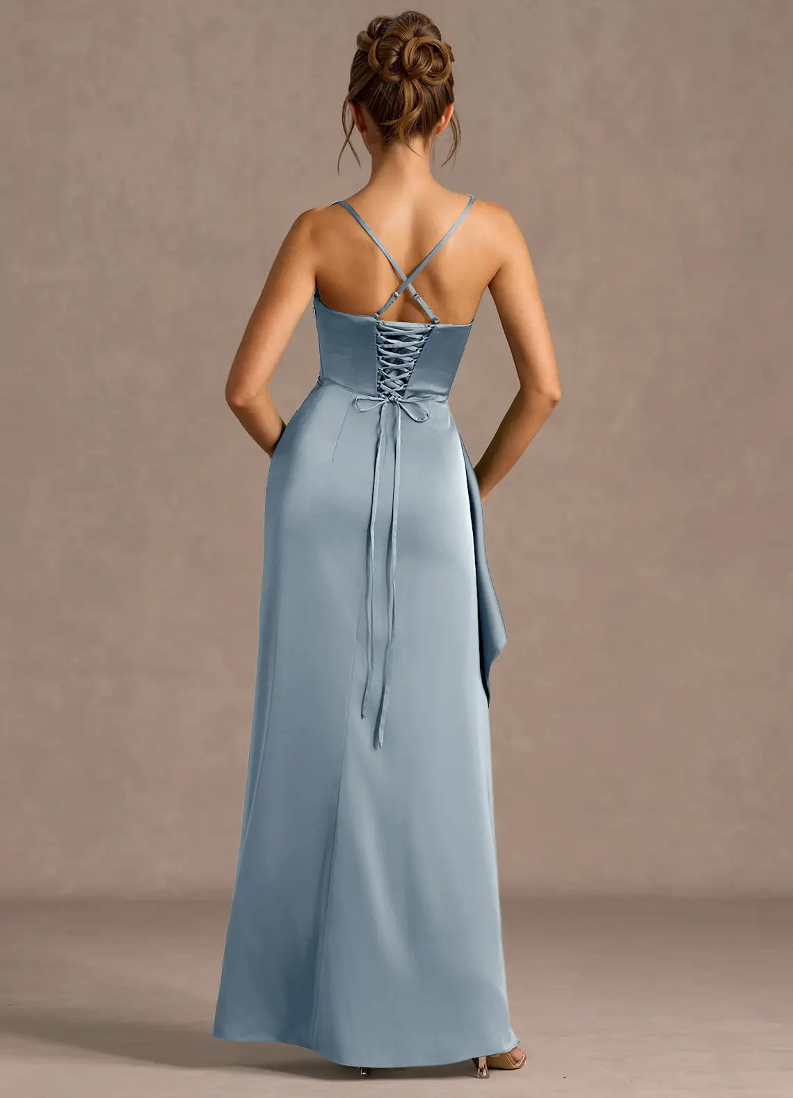 Mermaid Spaghetti Straps Pleated Powder Satin Blue Maxi Evening Dress