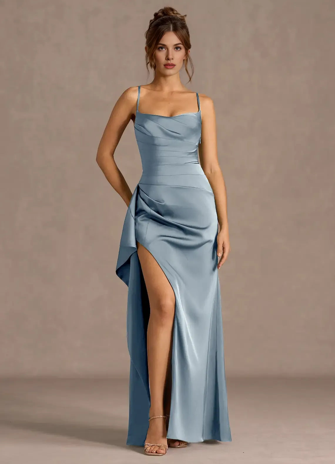 Mermaid Spaghetti Straps Pleated Powder Satin Blue Maxi Evening Dress