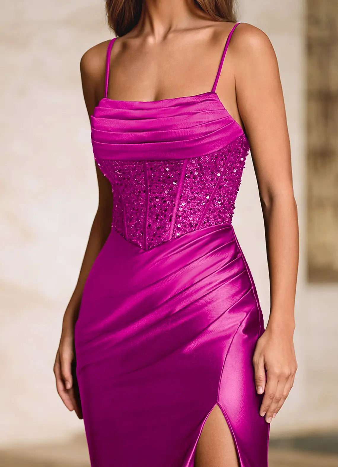 Mermaid Spaghetti Straps Pleated Sequins Satin Magenta Floor Length Prom Dress