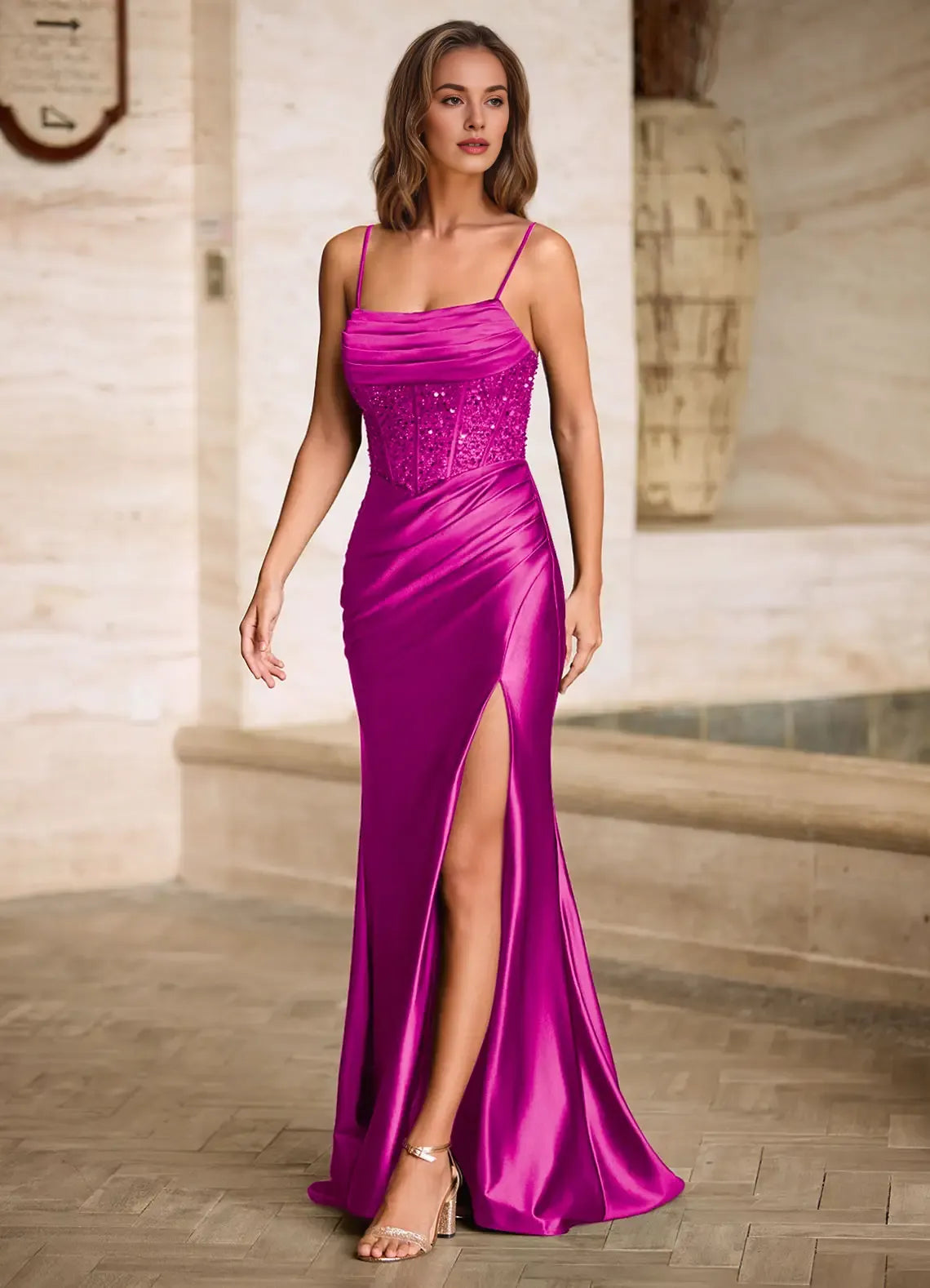 Mermaid Spaghetti Straps Pleated Sequins Satin Magenta Floor Length Prom Dress
