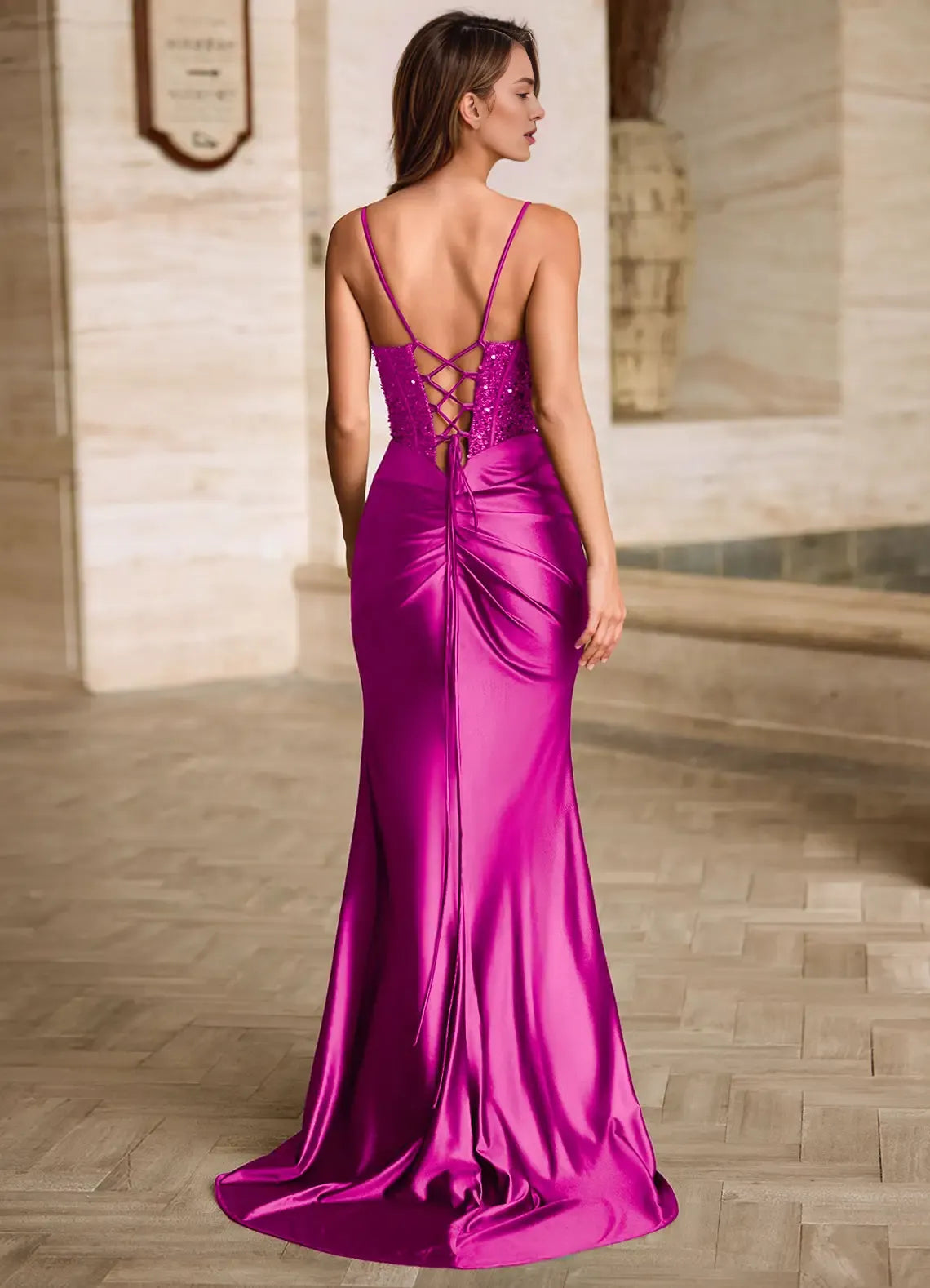 Mermaid Spaghetti Straps Pleated Sequins Satin Magenta Floor Length Prom Dress
