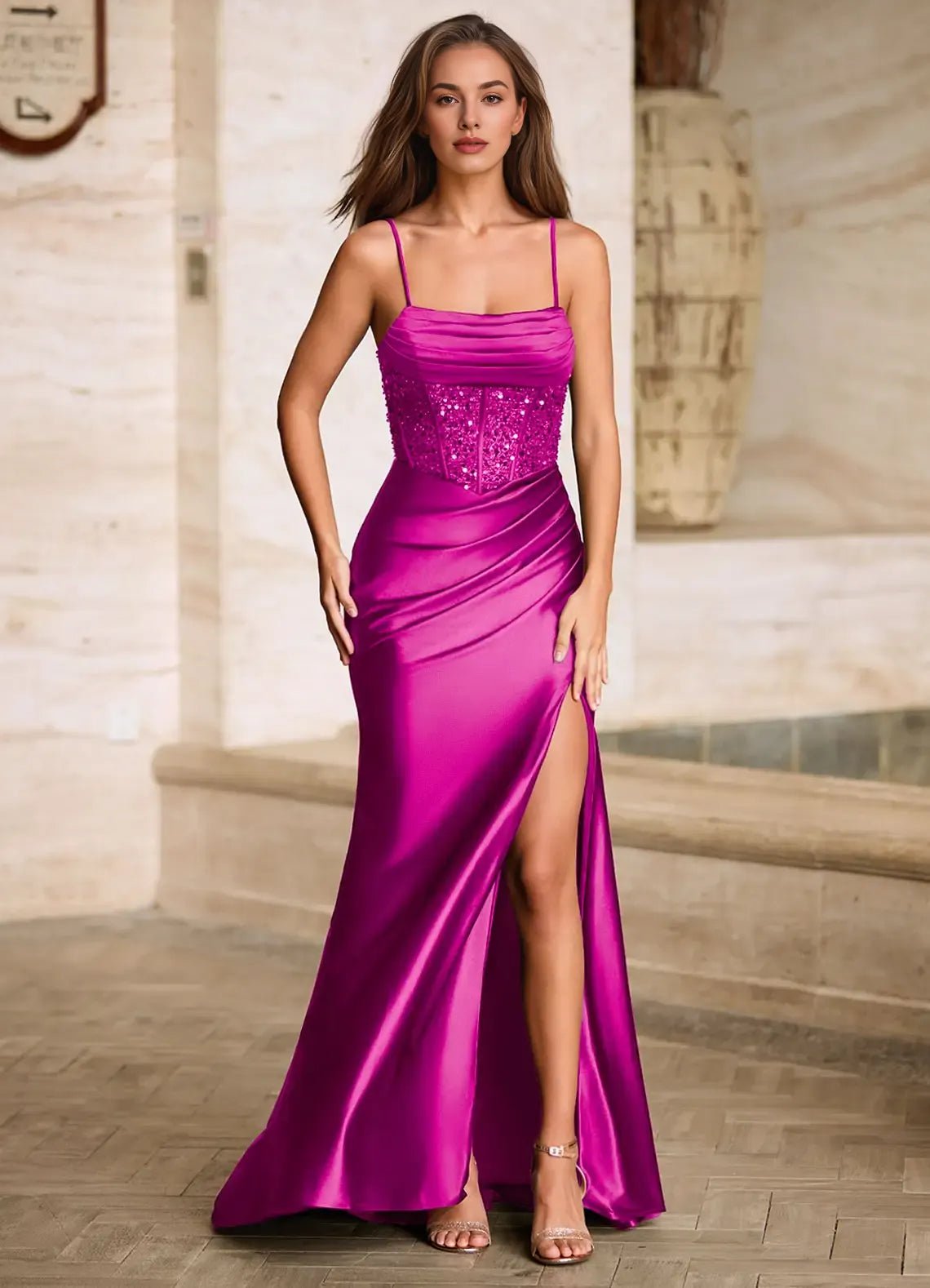 Mermaid Spaghetti Straps Pleated Sequins Satin Magenta Floor Length Prom Dress