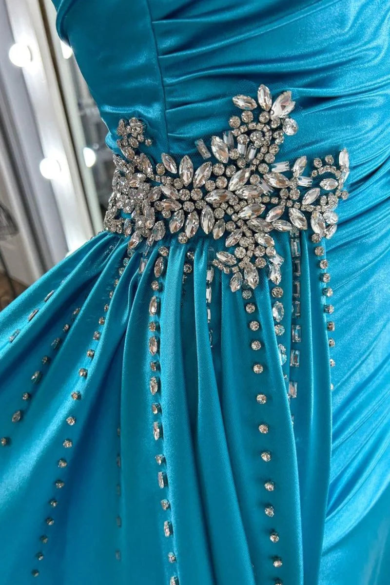 Mermaid Spaghetti Straps Rhinestones Satin Teal Long Gown With Streamer