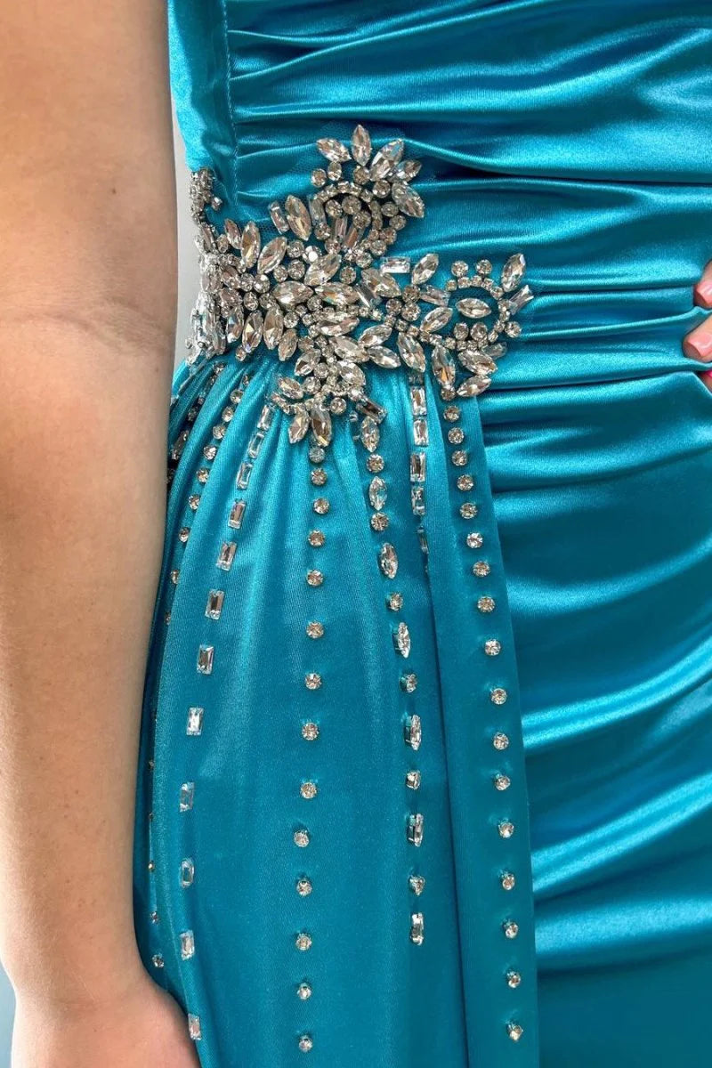 Mermaid Spaghetti Straps Rhinestones Satin Teal Long Gown With Streamer