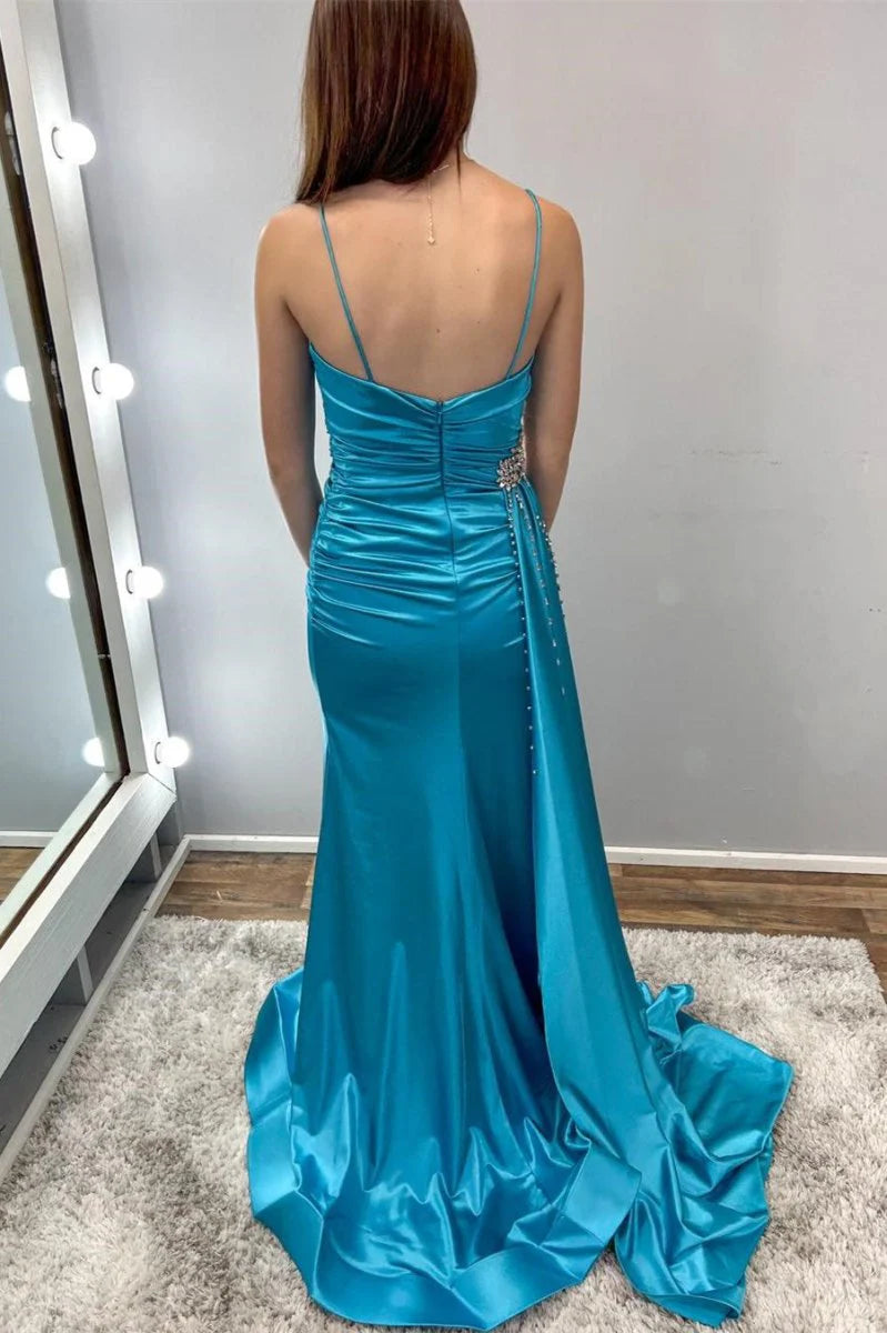 Mermaid Spaghetti Straps Rhinestones Satin Teal Long Gown With Streamer
