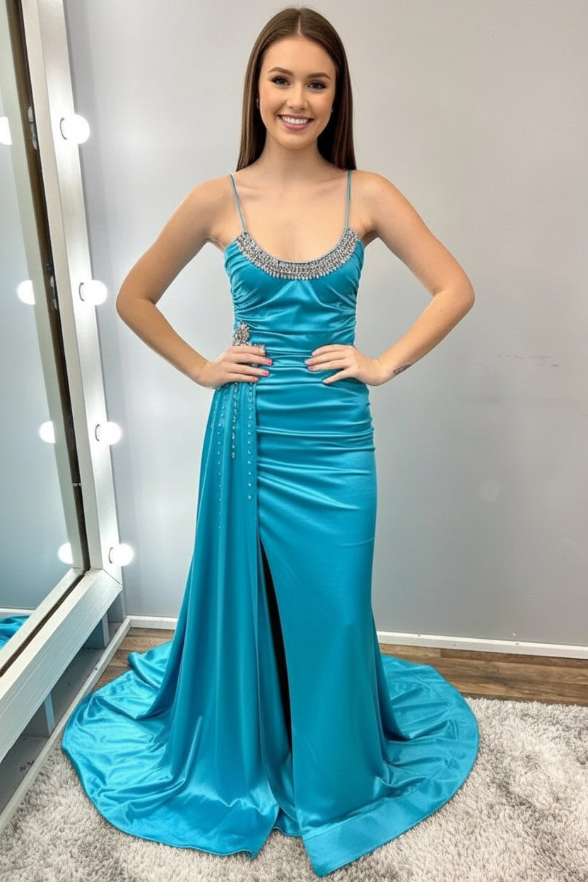Mermaid Spaghetti Straps Rhinestones Satin Teal Long Gown With Streamer