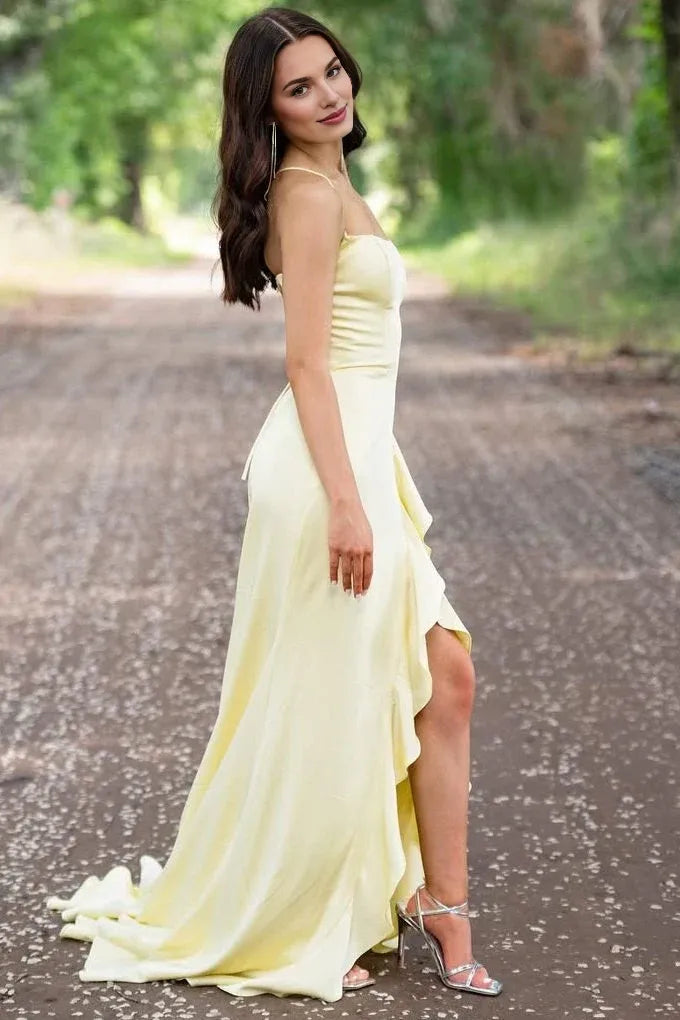 Mermaid Spaghetti Straps Ruffle Satin Yellow Evening Dress With Sweep-Train