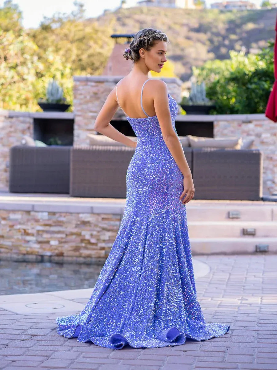 Mermaid Spaghetti Straps Sequin Lavender Evening Dress With Sweep Train