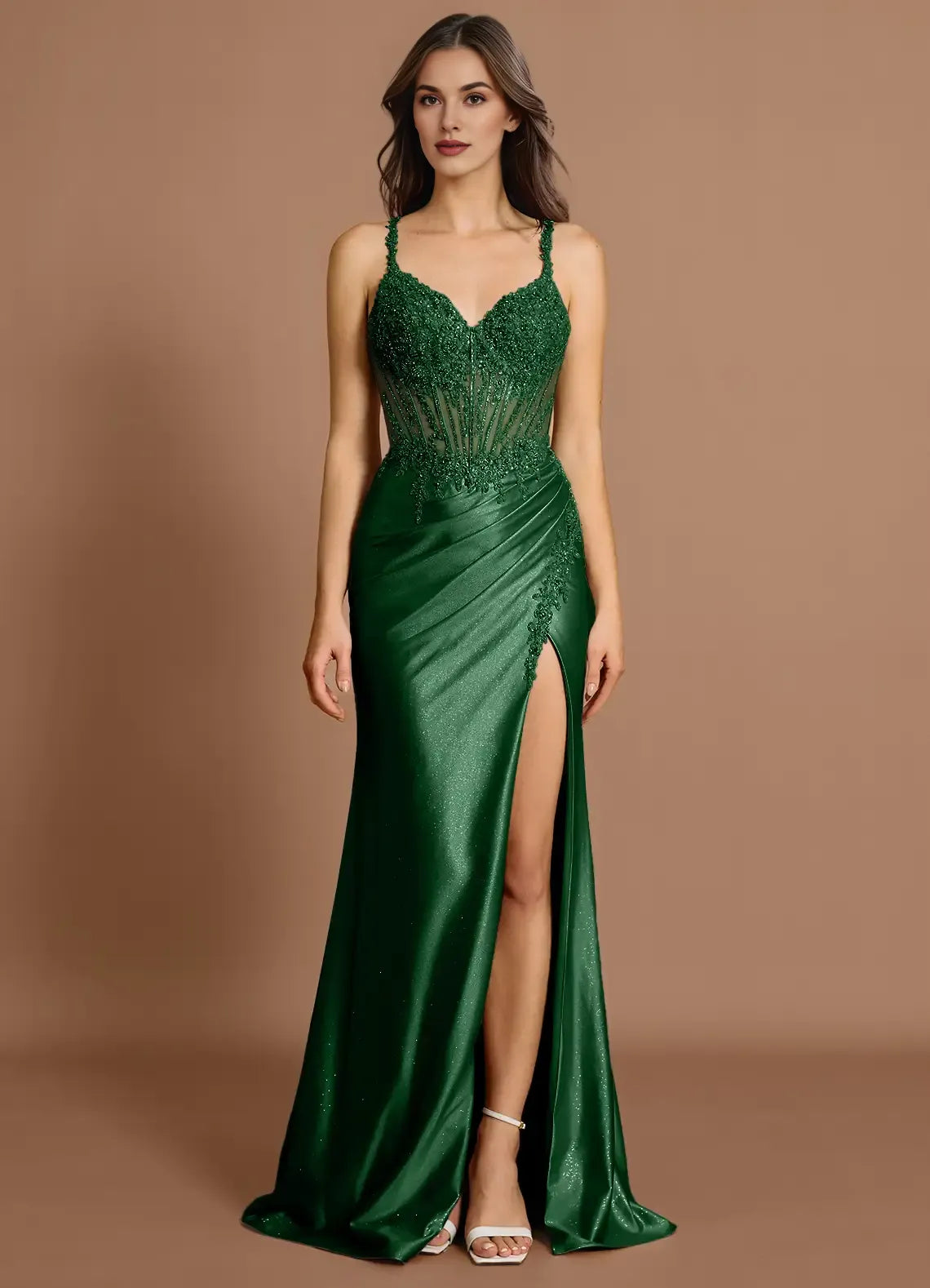Mermaid Spaghetti Straps Sequins Beaded Applique Silver Maxi Evening Dress