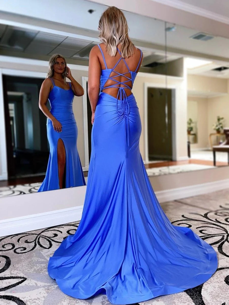 Mermaid Spaghetti Straps Slit Royal Blue Evening Dress With Court Train