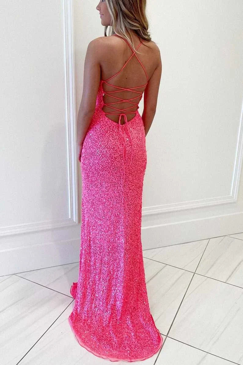 Mermaid Spaghetti Straps Slit Sequin Hot Pink Evening Dress Prom Dress