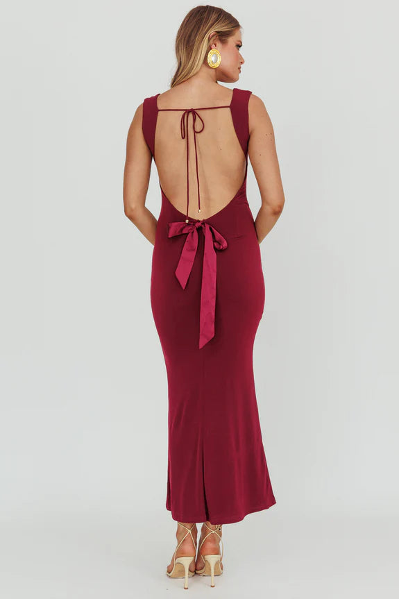 Mermaid Square Neck Bodycon Tie Open Back Wine Maxi Evening Dress