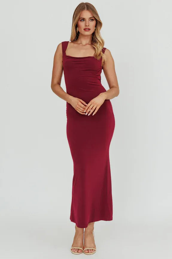 Mermaid Square Neck Bodycon Tie Open Back Wine Maxi Evening Dress